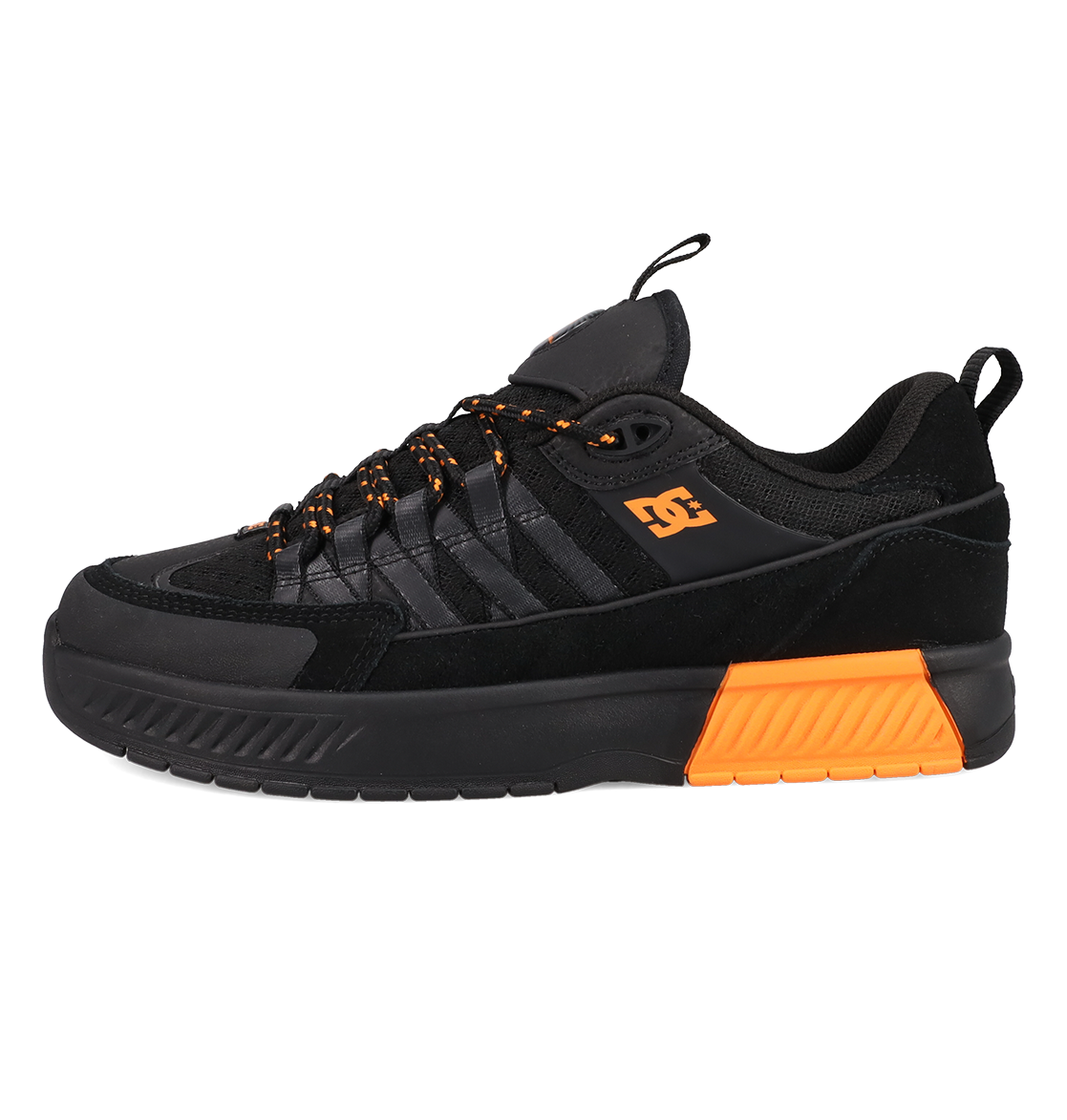 Black and orange sneaker with a brand logo on a white background