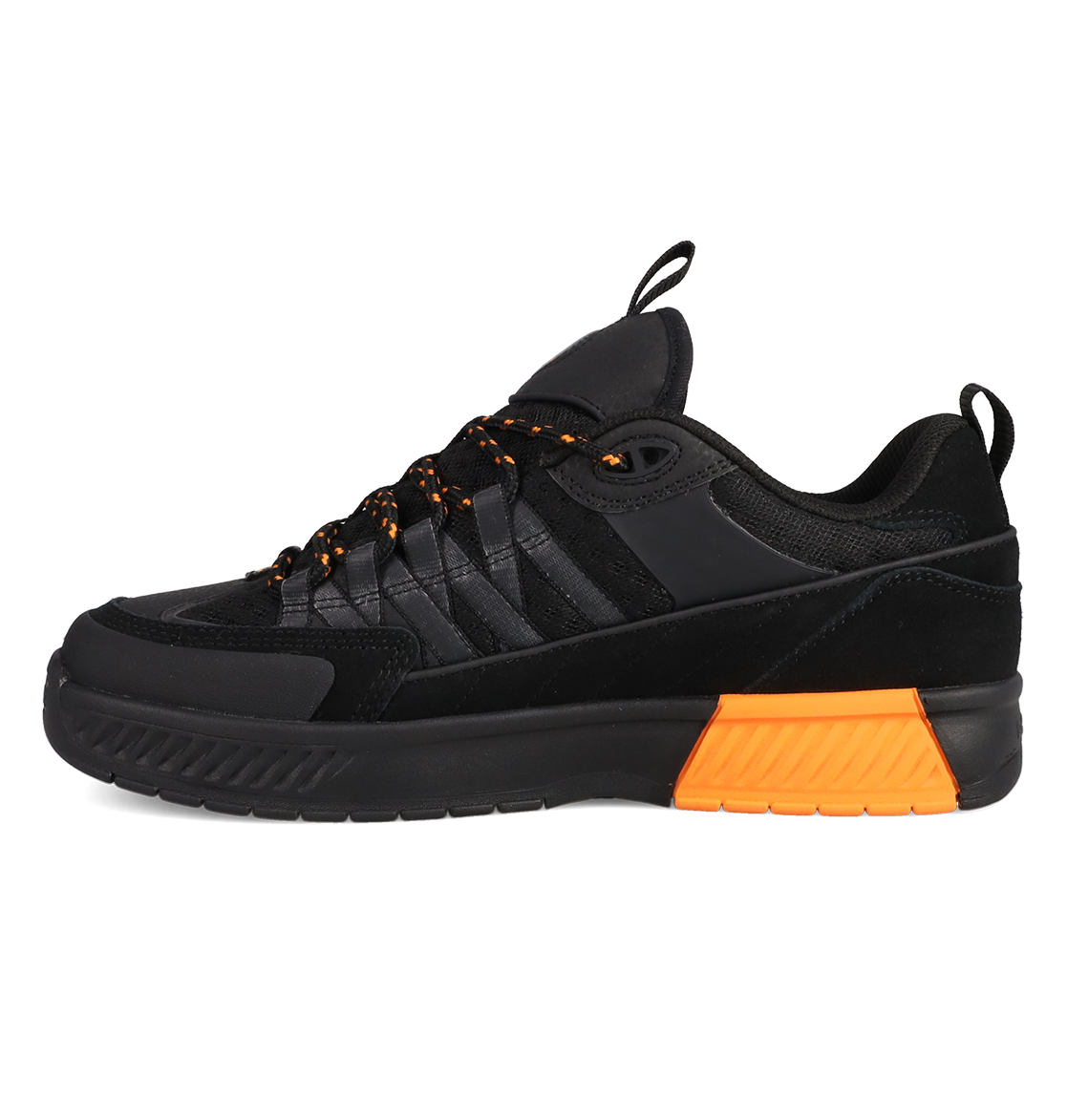 Black sneaker with orange sole on a white background