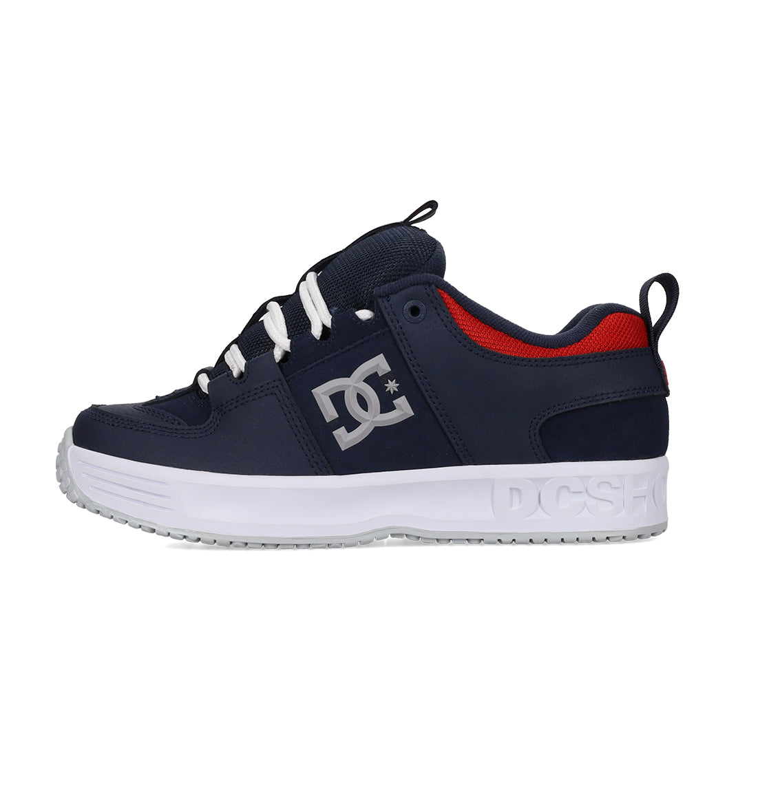 Navy blue sneaker with red accents and white sole on a white background