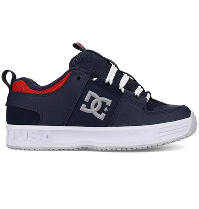 Navy blue and red sneaker with white sole on a white background