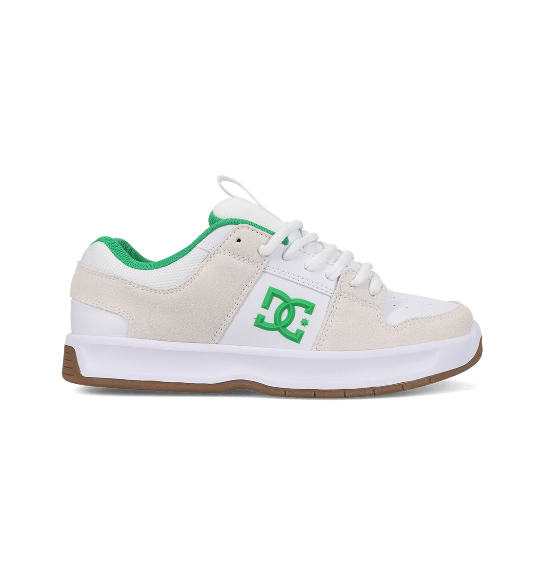 The DC Shoes Men's Lynx Shoes feature a white and light beige design with green accents, lining, and side logo. A white sole with brown bottom adds classic style and board-ready grip.