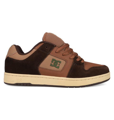 A men's Manteca 4 DC Shoe in brown and tan with a green DC logo, suede and leather panels, brown laces, and a beige rubber sole—ideal for classic skate shoe enthusiasts.
