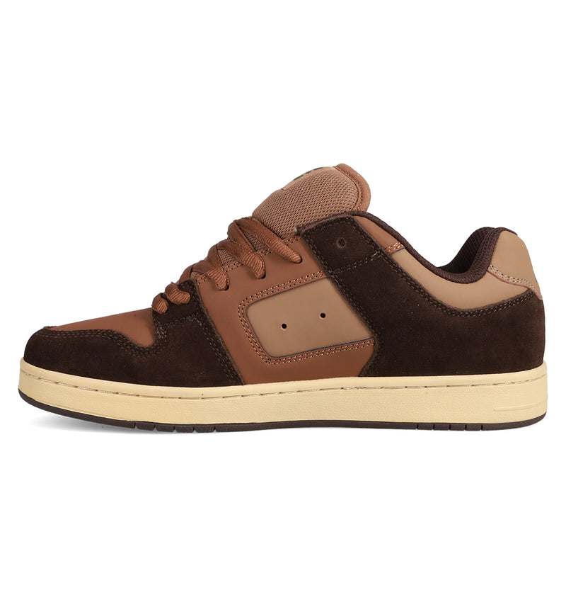 A men's Manteca 4 low-top sneaker from DC Shoes featuring brown and tan suede and leather panels, a beige rubber sole, brown laces, and perforated side details—ideal for fans of classic skate shoes.