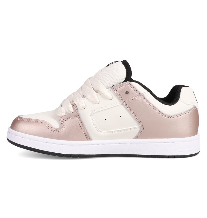 The Women's Manteca 4 Shoes by DC Shoes are low-top sneakers with a cream upper, metallic rose gold accents on the toe and heel, a white sole and laces, plus black trim around the collar and sole.