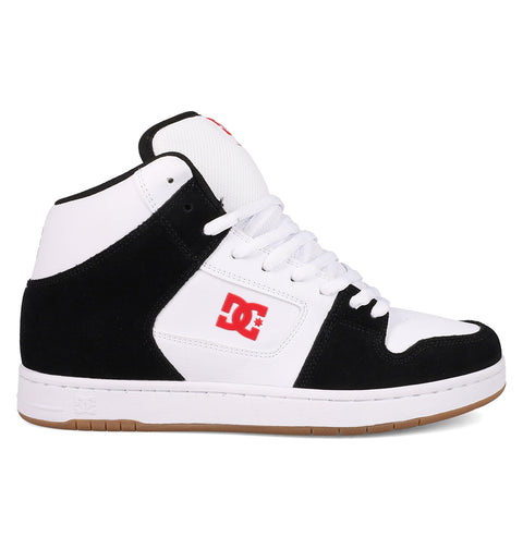The Men's Manteca 4 Hi Shoes by DC Shoes feature a vintage black and white high-top design, white sole and laces, red DC Shoes logo on the side, black toe and heel, with a mostly white upper and tongue.