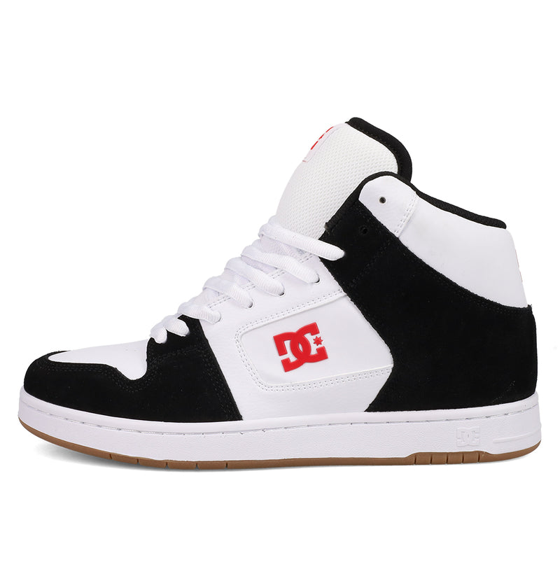 The Men's Manteca 4 Hi Shoes by DC Shoes feature a black and white high-top design with white laces, a red DC logo on the side, and a white sole with brown tread—combining vintage style with modern skate shoe appeal.