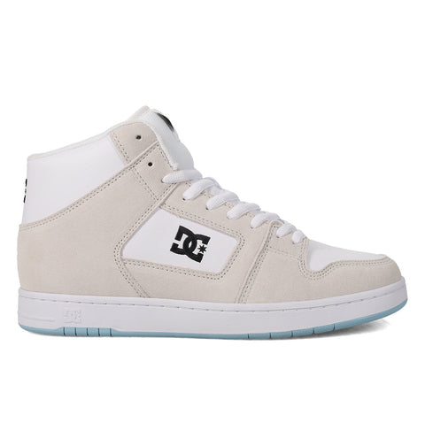 The DC Shoes Manteca 4 Hi is a white and light gray high-top sneaker with white laces, a black DC logo on the side, and a white sole featuring a light blue bottom. Shown from the side against a white background.