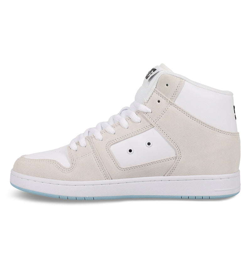 The DC Shoes Manteca 4 Hi is a white and light gray high-top sneaker with white laces and a flat sole, featuring a minimalist design, shown from the side on a plain white background.