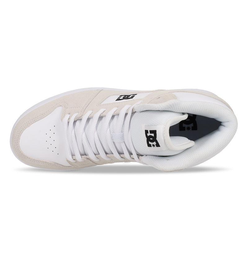 Top view of the DC Shoes Manteca 4 Hi: a white high-top sneaker with light beige accents, white laces, black DC logo on the tongue, perforated toe cap, and padded collar for comfort.