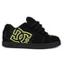 The DC Shoes Men's Net Shoes feature a black puffy design with neon yellow DC branding on the side, subtle logo patterns on the panel, black laces, durable fabric construction, plus a black sole and matching stitching.