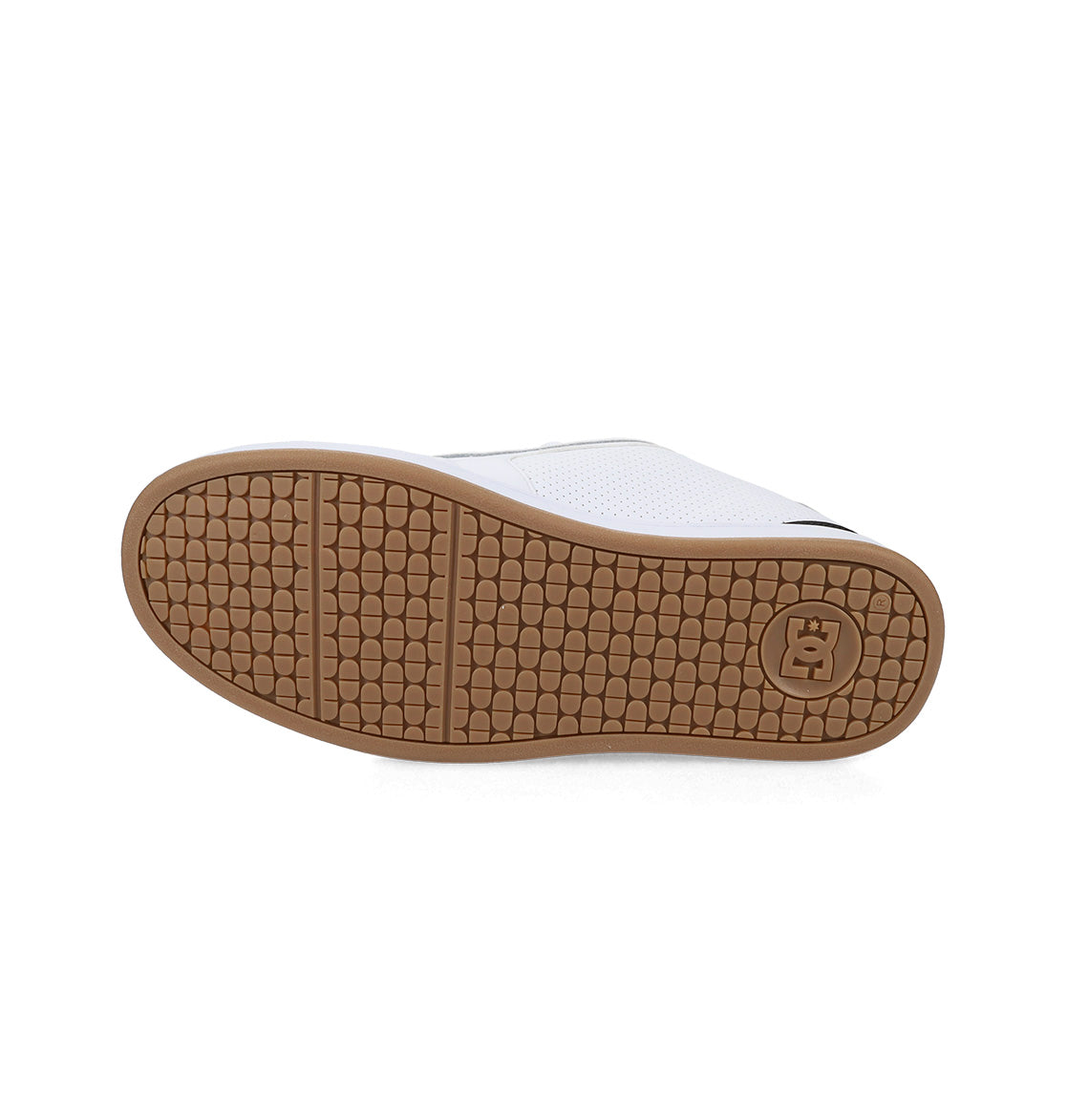 The image shows the bottom view of a Men's Net Shoe by DC Shoes in white, featuring a brown rubber sole with a textured, honeycomb-like tread and a circular logo near the heel—engineered for all-day comfort.