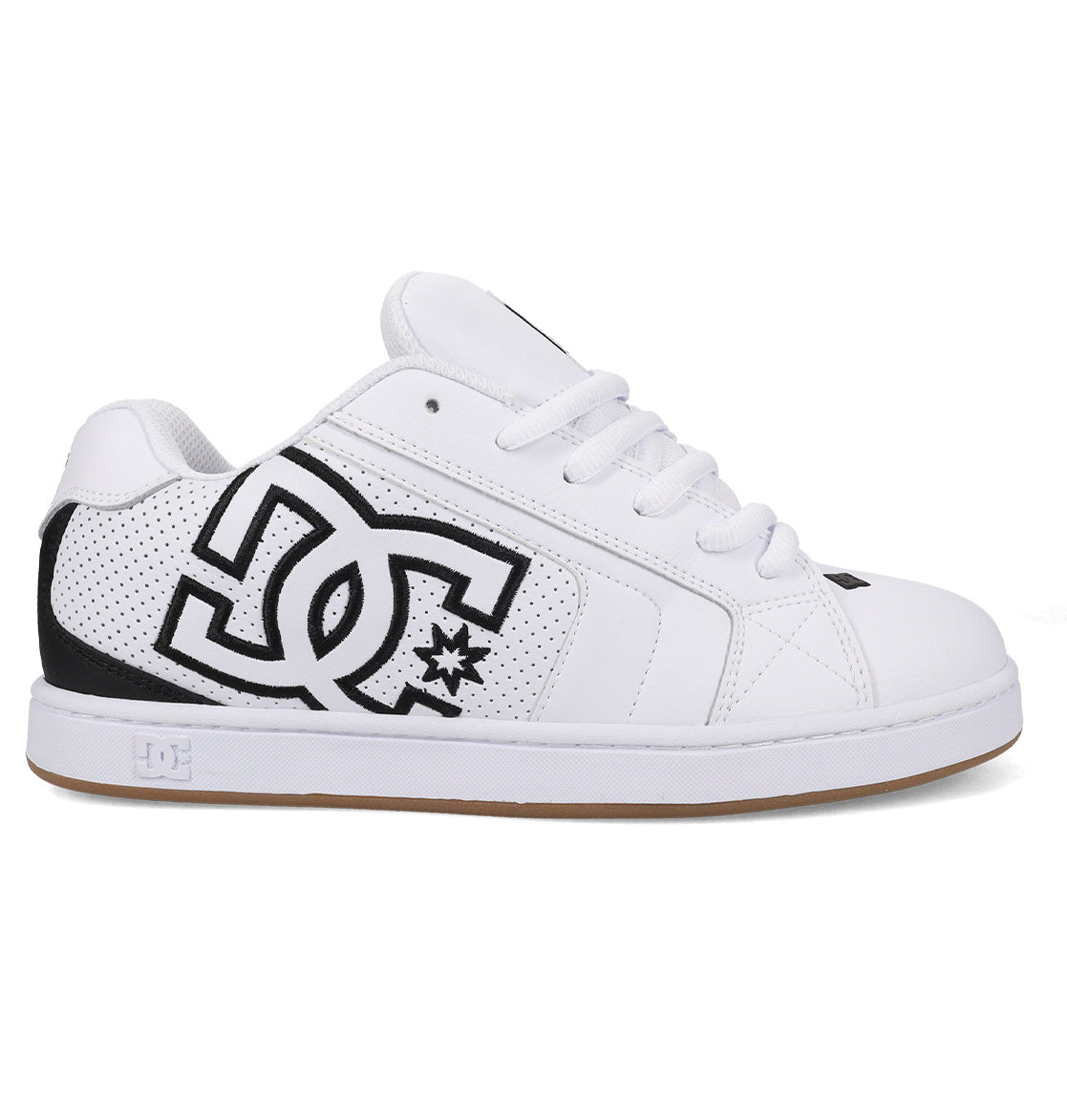 The Men's Net Shoes by DC Shoes feature a white upper with black accents, a bold black DC logo, perforated heel, white laces, and a light brown rubber sole for all-day comfort in a classic puffy sneaker design.