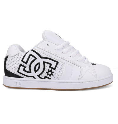 The Men's Net Shoes by DC Shoes feature a white upper with black accents, a bold black DC logo, perforated heel, white laces, and a light brown rubber sole for all-day comfort in a classic puffy sneaker design.