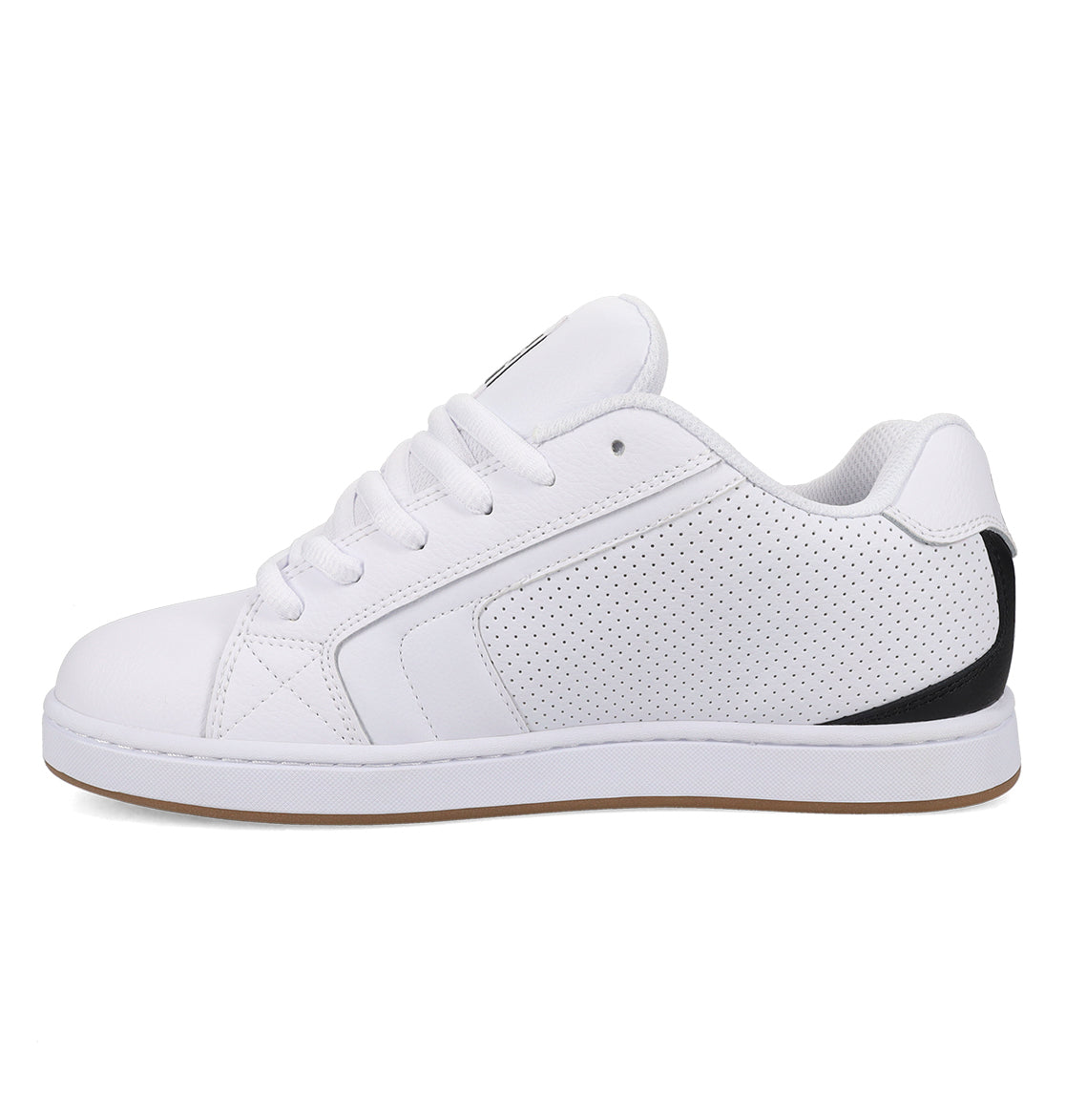The Men's Net Shoes by DC Shoes are white low-tops with white laces, side perforations, a black heel accent, and a light brown durable sole.
