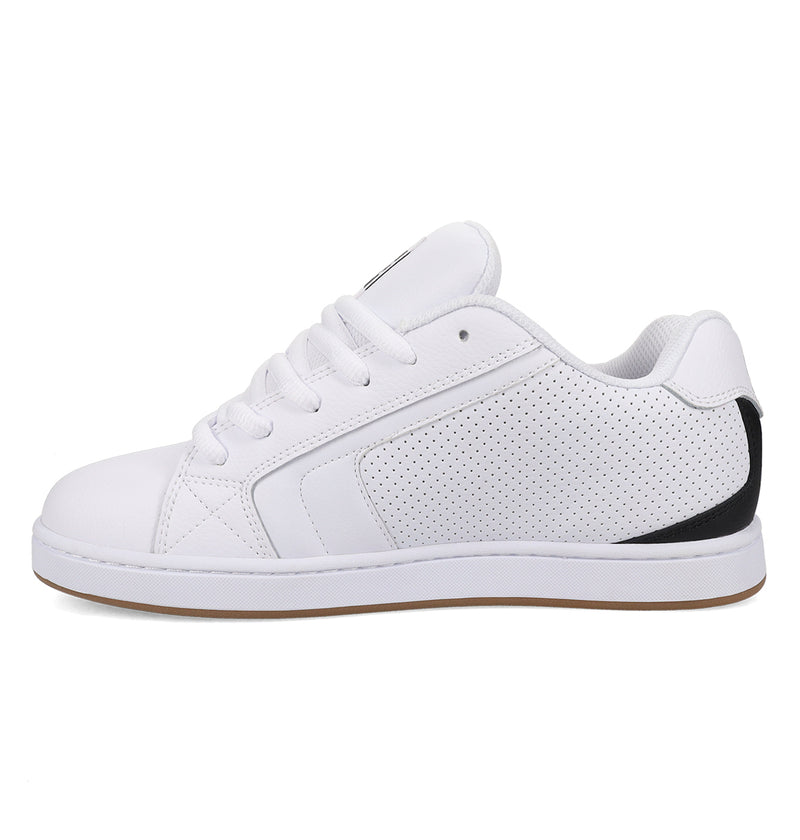 The Men's Net Shoes by DC Shoes are white low-tops with white laces, side perforations, a black heel accent, and a light brown durable sole.