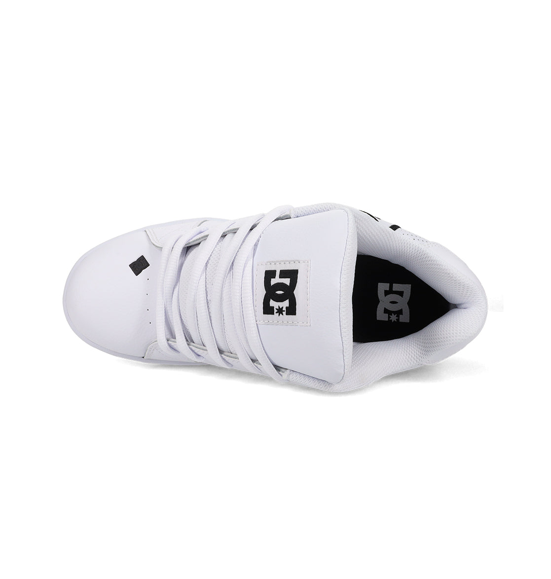 Top view of Men's Net Shoes by DC Shoes featuring white laces, a black DC logo on the tongue, black branding on the insole, and crafted with durable fabrics for lasting comfort.