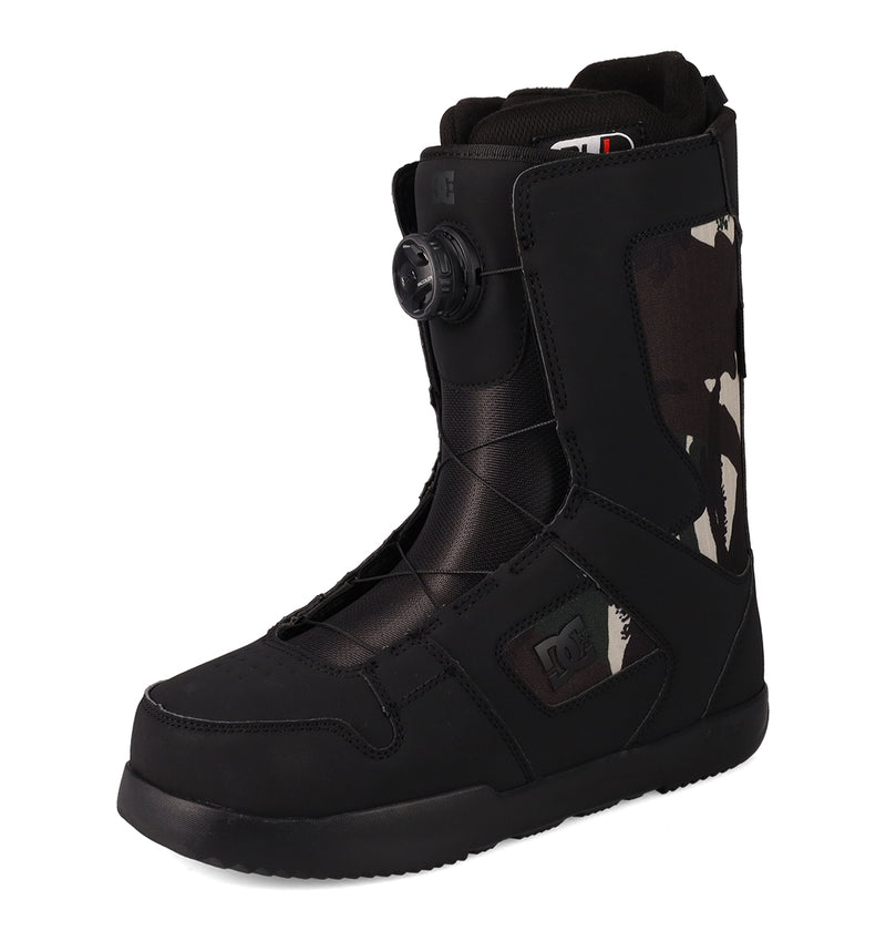 A men's DC Shoes Phase BOA® snowboard boot with camo-patterned accents, a round BOA Fit System tightening dial, and a thick sole, shown on a white background.