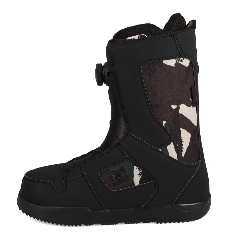 A single men's DC Shoes Phase BOA® snowboard boot, shown from the left side against a white background. The boot features black coloring with camouflage-patterned fabric on the side, a black sole, and a round BOA® Fit System tightening dial on the front.