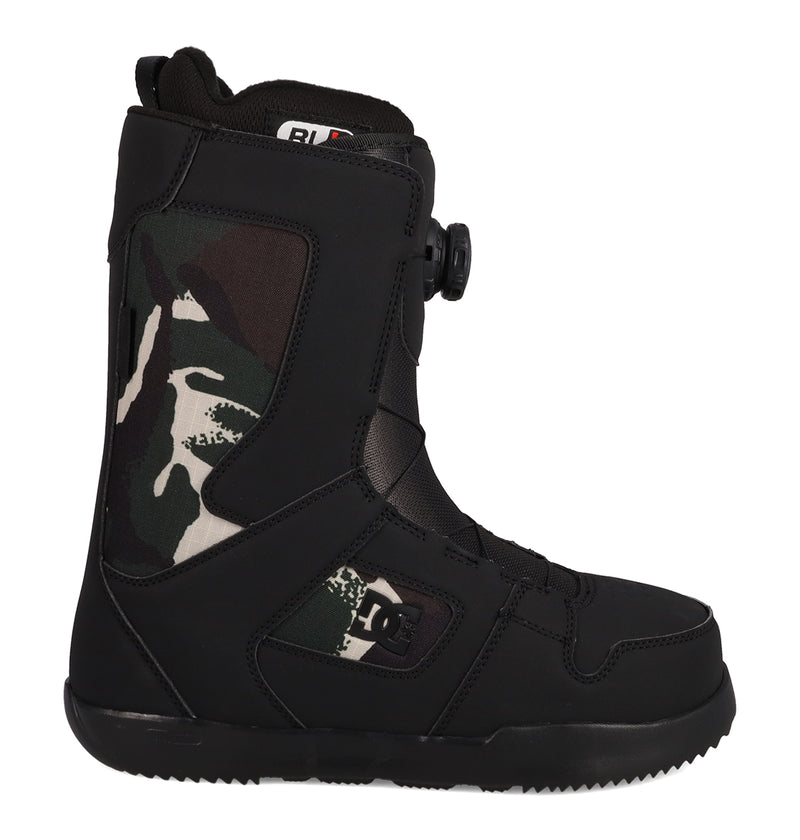 Black Men’s Phase BOA® Snowboard Boots featuring a side dial lacing system and camouflage pattern accents.