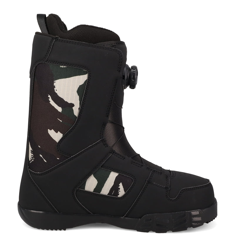 A black DC Shoes Men's Phase BOA® snowboard boot with camouflage fabric panels and a BOA Fit System dial closure, shown in side profile on a white background.