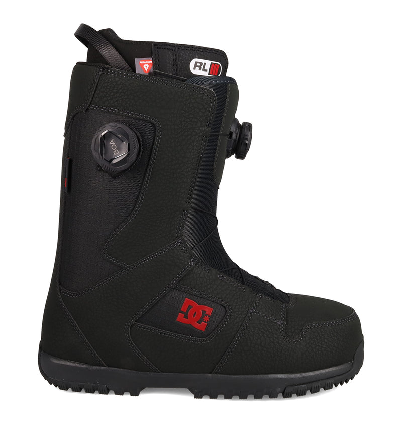 Black Men’s Phase BOA® Pro Snowboard Boots with a side-mounted dial closure system and a red logo on the heel.