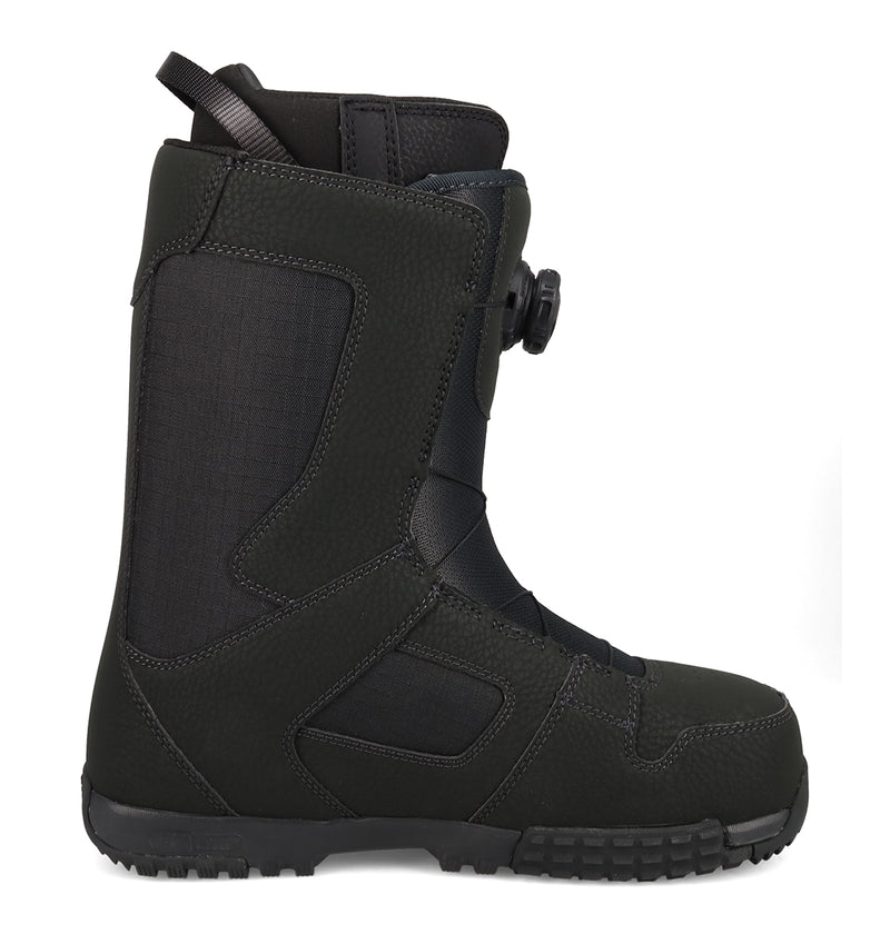 The Men's Phase BOA® Pro Snowboard Boot by DC Shoes is shown from the side against a plain white background, featuring textured black panels, a rugged sole, and a BOA® Fit System dial lacing mechanism.
