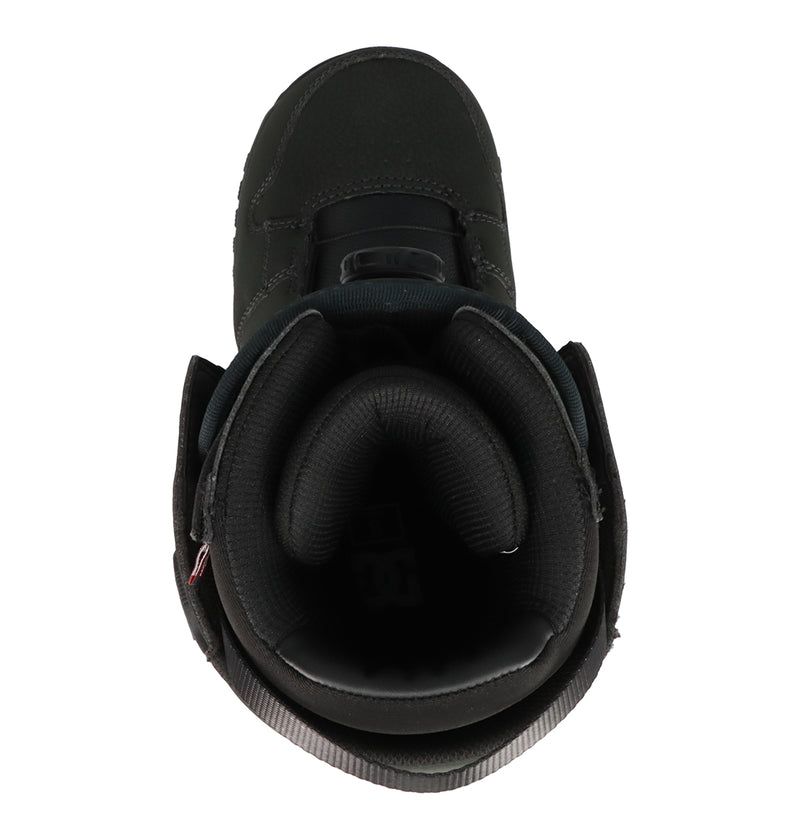Top view of the DC Shoes Men's Phase BOA® Pro Snowboard Boot in black, featuring padded, textured PrimaLoft insulation lining and open sides that reveal the interior structure and tongue.