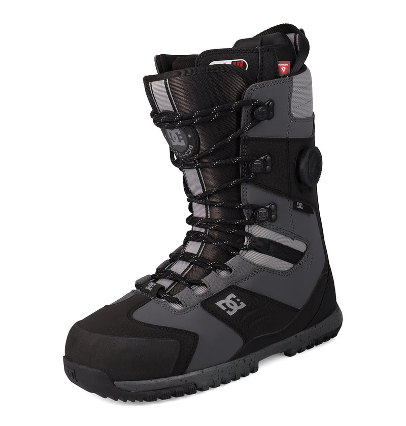 A pair of Men's Premier Hybrid Snowboard Boots from DC Shoes, featuring a black and gray design, rugged sole, lace-up front, and an additional BOA Fit System dial for precise tightening—specifically engineered for snowboarding.
