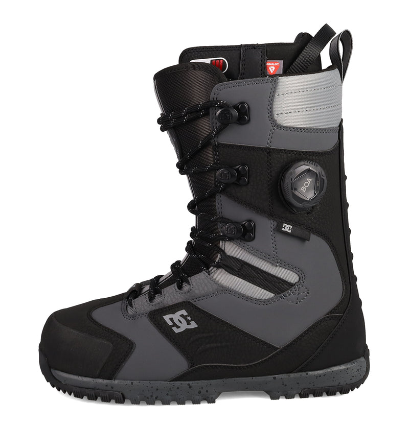 A left-profile view of the Men's Premier Hybrid Snowboard Boots by DC Shoes is shown against a white background. The boots are black and gray with laces, feature the Premier Hybrid BOA Fit System, and display the DC Shoes logo on the side.