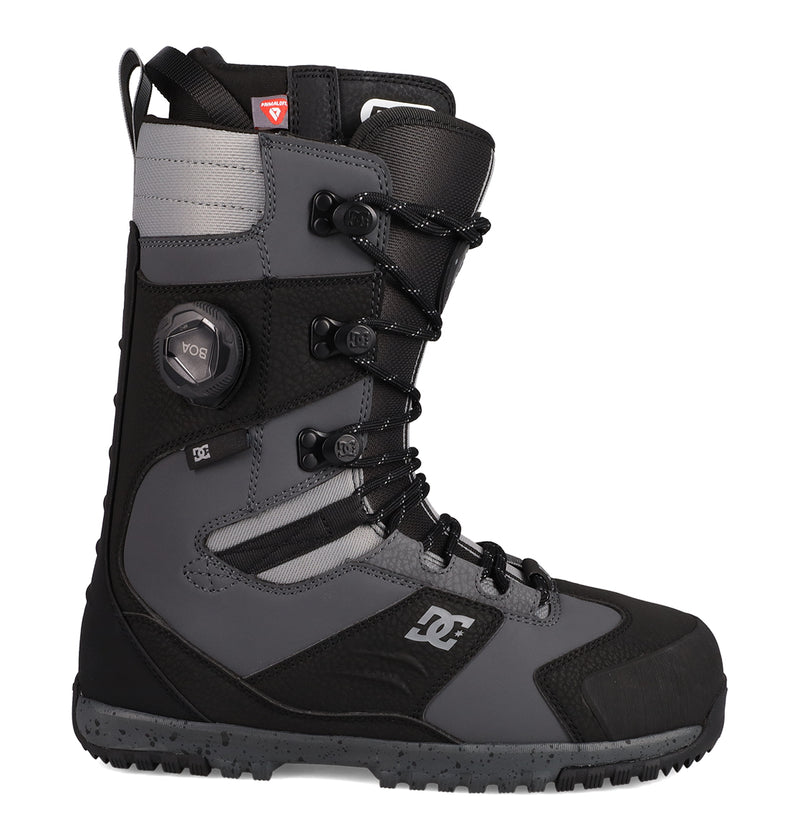 Black and grey DC Shoes Men’s Premier Hybrid Snowboard Boots with a side-mounted BOA Fit System dial and traditional lacing system.