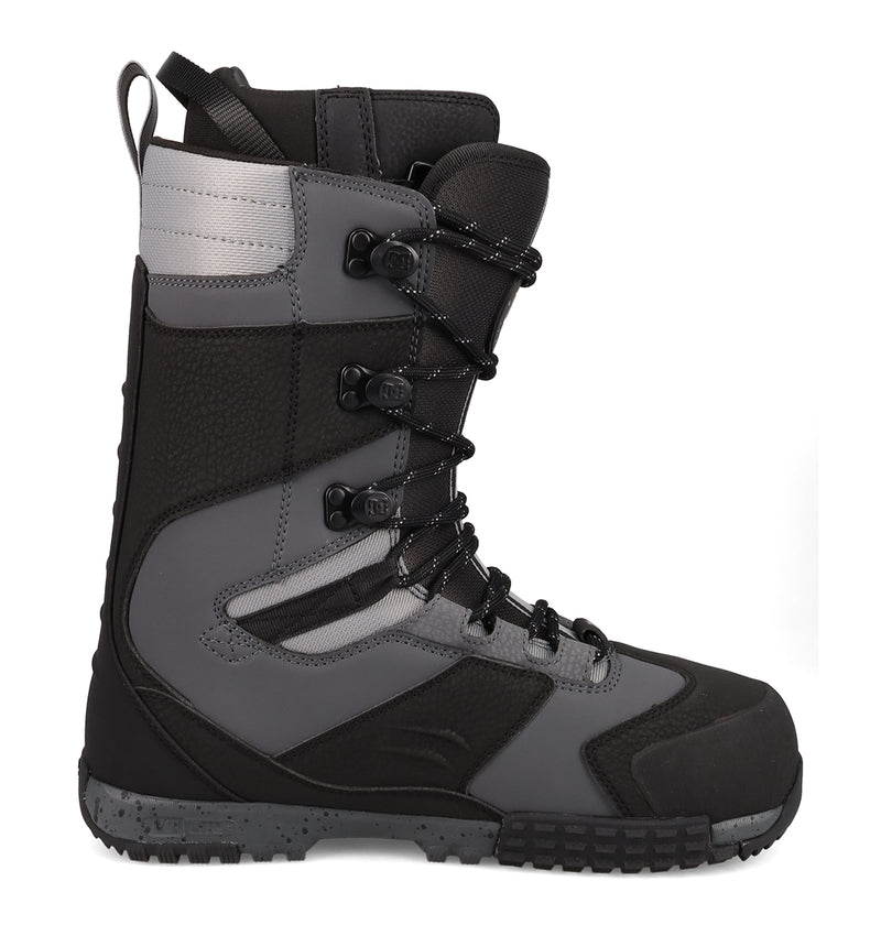 A single Men's Premier Hybrid Snowboard Boot by DC Shoes in black and gray, with black laces and a rugged tread, featuring the Premier Hybrid design, shown from the side on a white background.