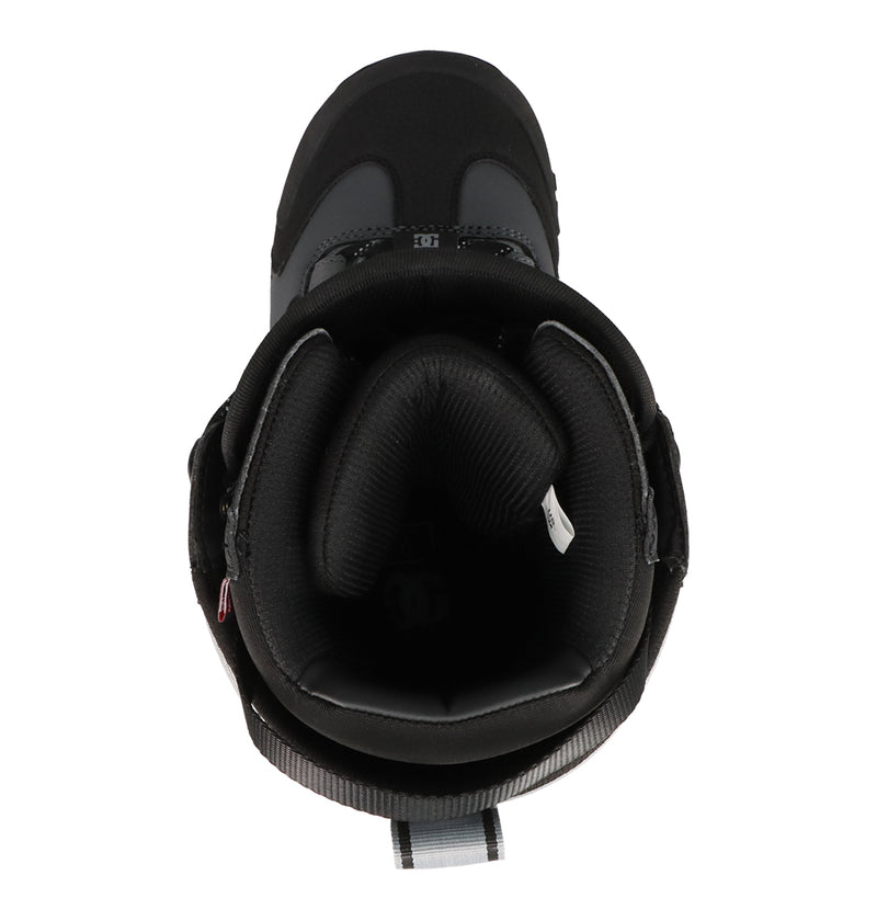 Top view of the DC Shoes Men's Premier Hybrid Snowboard Boots in black, featuring the Premier Hybrid BOA® Fit System, padded interior lining, enhanced ankle support, and an entry opening with a visible pull loop at the heel.