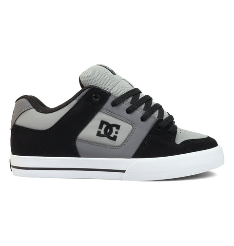 The Men's Pure Shoes by DC Shoes feature a grey and black design with a white sole, black laces, and the DC logo on the side—versatile men's sneakers shown from the left profile against a white background.