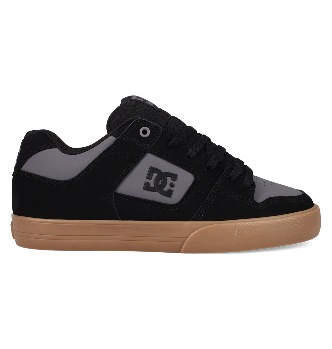 The DC Shoes Men's Pure Shoes are black and gray low-top skate shoes with a gum sole, black laces, and the DC logo on the side—ideal for skating sessions or casual wear.