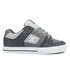 The DC Shoes Men’s Pure Shoes, featuring a gray colorway with a white logo, gray laces, and a white rubber sole, are displayed from the side on a white background—making these comfortable sneakers a versatile addition to any wardrobe.