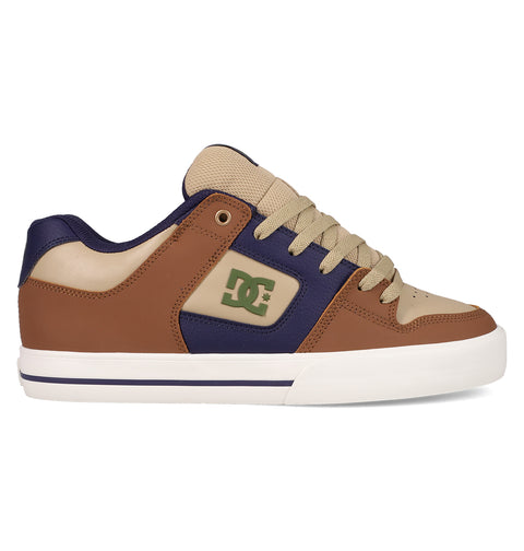 The Men's Pure Shoes by DC Shoes feature a brown, tan, and navy blue design with beige laces and a green DC logo on the side, shown in a left side profile on a white background—ideal for comfortable men's footwear.