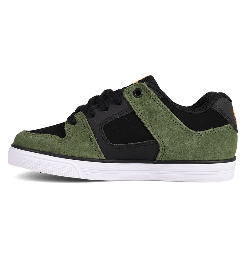 The DC Shoes Kids' Pure Shoes feature green suede and black panels, black laces, a white rubber sole, padded collar for comfort, and an orange heel logo—making them a versatile low-top option for kids.