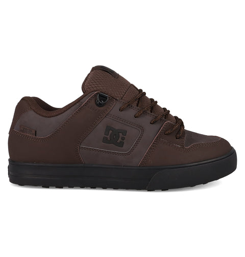 The DC Shoes Men's Pure Shoes feature a brown upper, black sole, brown laces, and the DC logo on the side—ideal for those seeking comfort and versatile style.