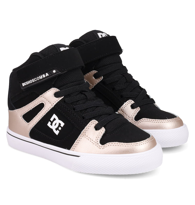 The DC Shoes Kids' Pure Hi Top EV Shoes feature a black and metallic gold design with white soles, black laces, and branded details—ideal skate sneakers for style-savvy kids. Shown against a white background.