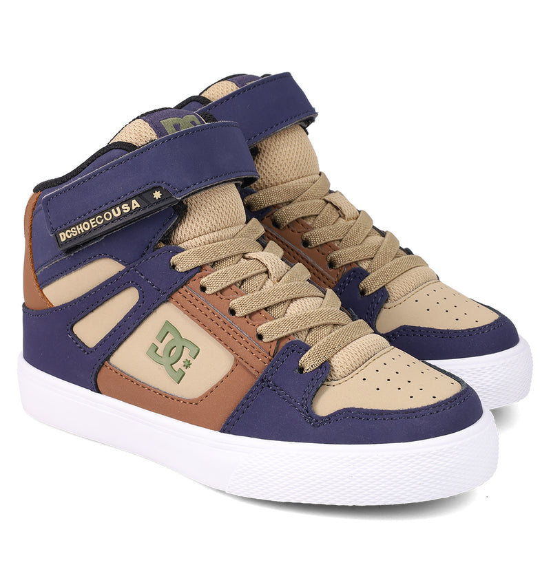 The Kids' Pure Hi Top EV Shoes by DC Shoes feature a tan, brown, and dark blue design with tan laces, perforated toe boxes for breathability, white rubber soles, and display the DC logo plus "DCSHOECOUSA" text—perfect stylish skate shoes.