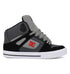 Introducing the Men’s Pure High Shoes from DC Shoes: a black, gray, and white high-top sneaker featuring a bold red DC logo on the side, gray laces, and a chunky white sole. Designed for both style and comfort, this versatile men’s shoe is pictured facing left against a plain white background.