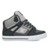 The Men’s Pure High Shoes by DC Shoes are high-top skate sneakers in black and grey, featuring a white DC logo, lace-up closure, padded collar, and white sole—offering comfortable versatility for both skating and everyday wear.