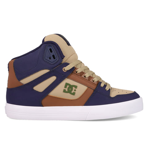The DC Shoes Men's Pure High Top WC Shoes feature navy blue, brown, and beige panels, a white vulcanized outsole, tan laces, a padded ankle collar, and the green DC Shoes logo on the side.