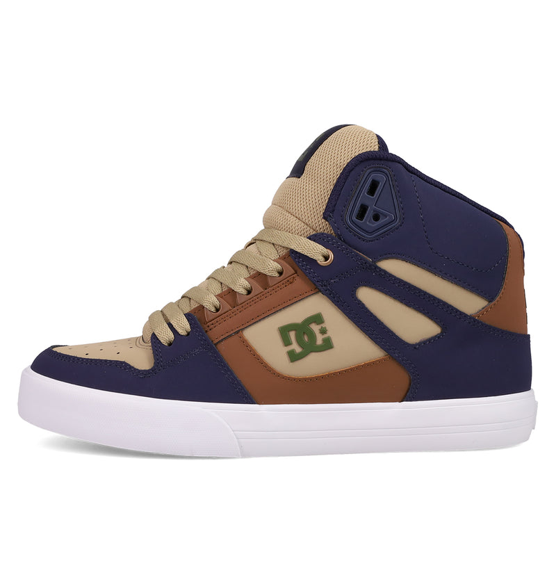 The DC Shoes Men's Pure High Top WC features navy, tan, and brown panels, tan laces, a green side logo, white sole, padded ankle collar, perforated toe box, and durable vulcanized outsole for top performance.