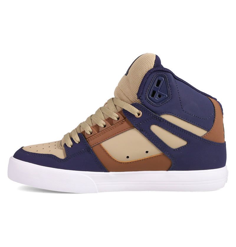 The Men's Pure High Top WC Shoes by DC Shoes feature beige, brown, and navy blue panels, tan laces, and a white vulcanized outsole. Displayed from the side against a white background.