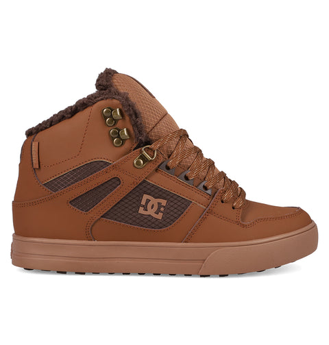 The Men's Pure High Top WC Shoes by DC Shoes features brown uppers with textured side panels, gold eyelets, brown laces, faux fur lining, a vulcanized outsole with patterned tread, and the DC Shoes logo on the side.