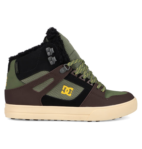 The Men's Pure High Top WC Shoes by DC Shoes feature green, brown, and black panels, a yellow logo, patterned laces, beige sole, and cozy black fleece-like lining—vintage-inspired style perfect for skate shoe fans.