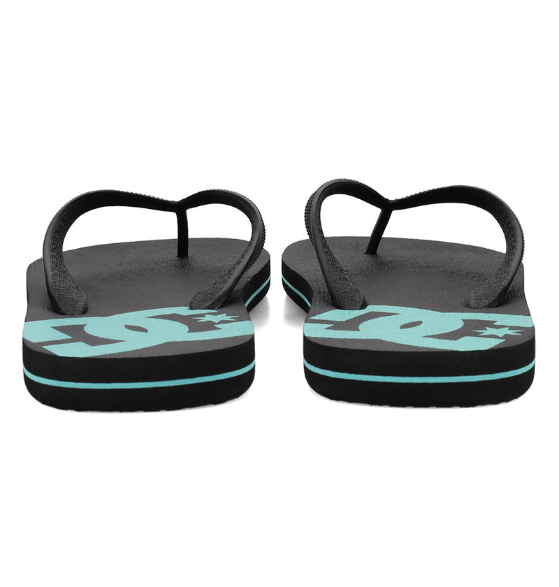 The Men's Spray Slides by DC Shoes feature black slip-on design with turquoise accents and a turquoise DC logo on the footbeds—must-have slides for your next skate session.