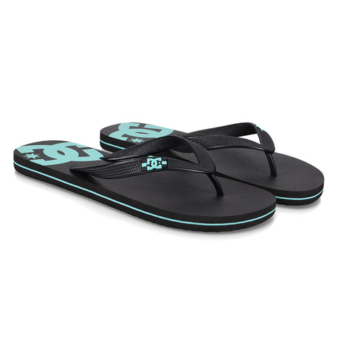 The Men's Spray Slides by DC Shoes feature black flip-flops with light blue DC logos, matching trim, and black textured straps—perfect for slipping on after a skate session.