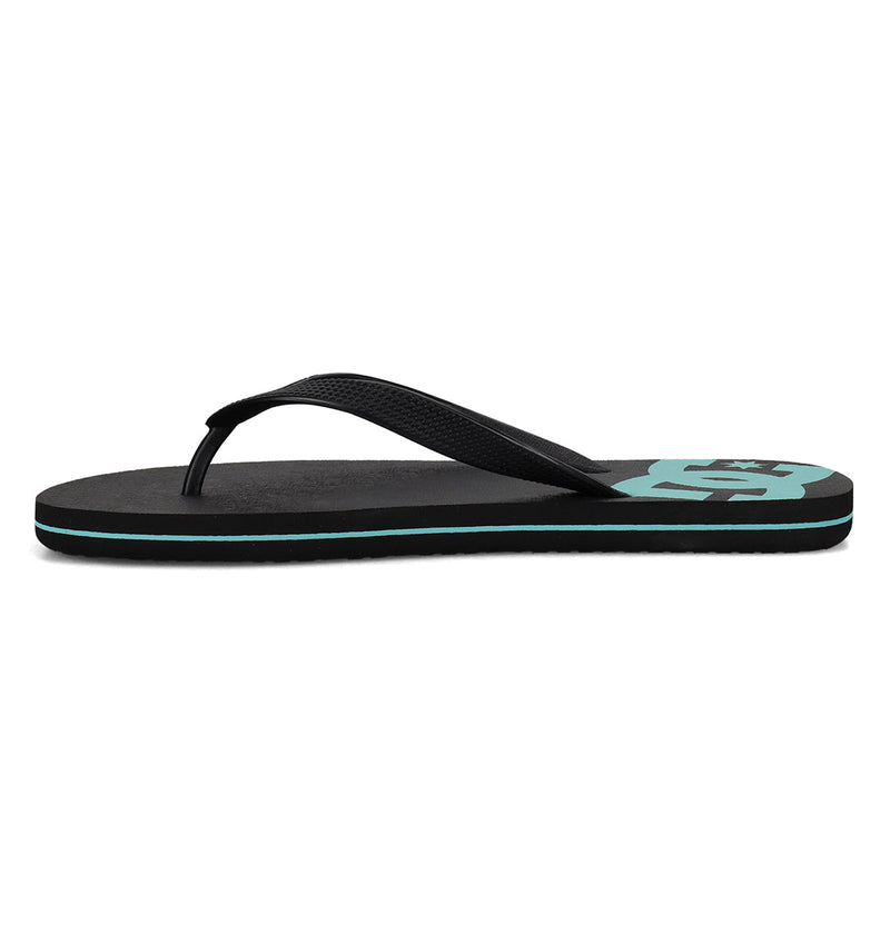 The DC Shoes Men's Spray Slides are black slip-on sandals with a textured strap and a blue logo on the heel, shown in side profile on a white background—ideal for relaxing after skating.